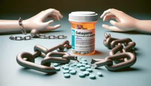 A bottle of pills surrounded by chains, symbolizing struggle and confinement.